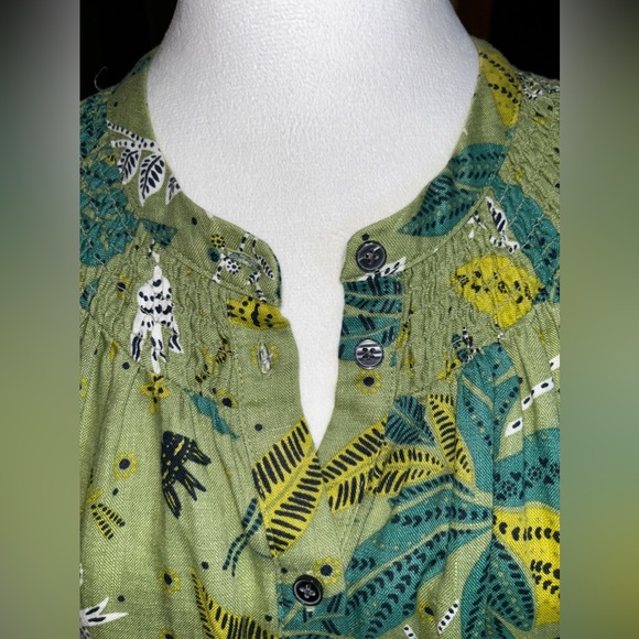 Boden Smocked 100% Linen Shirt Dress. Leaf, Oriental Cascade pattern. - Picture 6 of 10